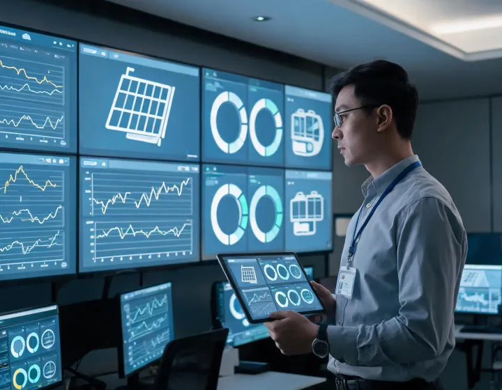 Technician analyzing solar inverter and storage data