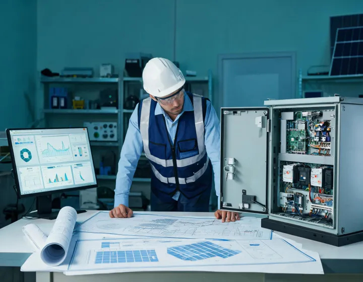 Engineer reviewing solar inverter installation and electrical drawings